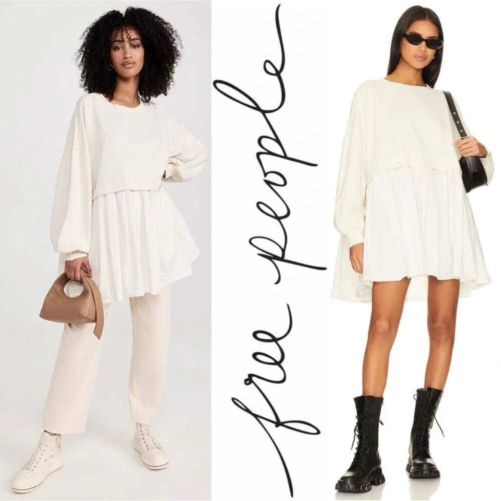 Free People Eleanor Pleated Trapeze Sweatshirt Mini Dress Size Small Oversized